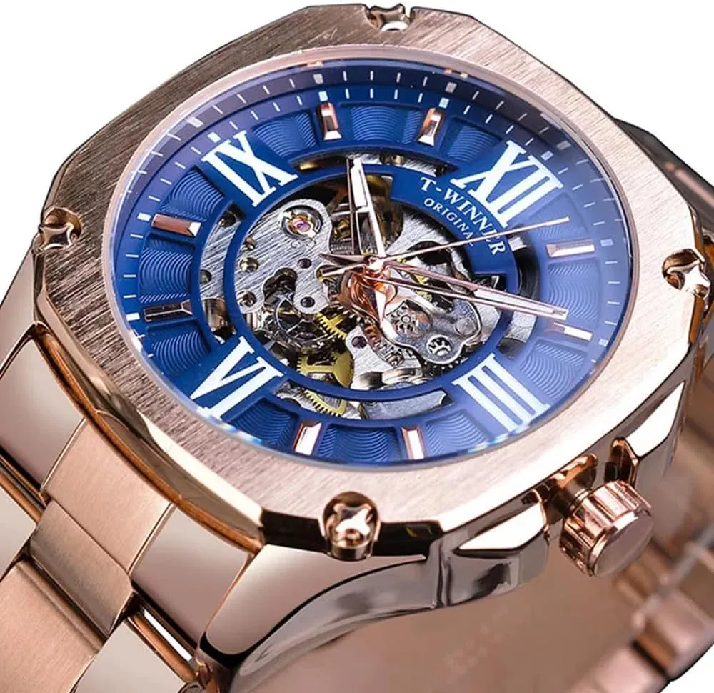 strictly gannet pervasive quiet Hollow Dial Stainless Steel Strap Men Business Watch Clock Rose Gold Automatic Mechanical Wristwatch Square Royal Roman 