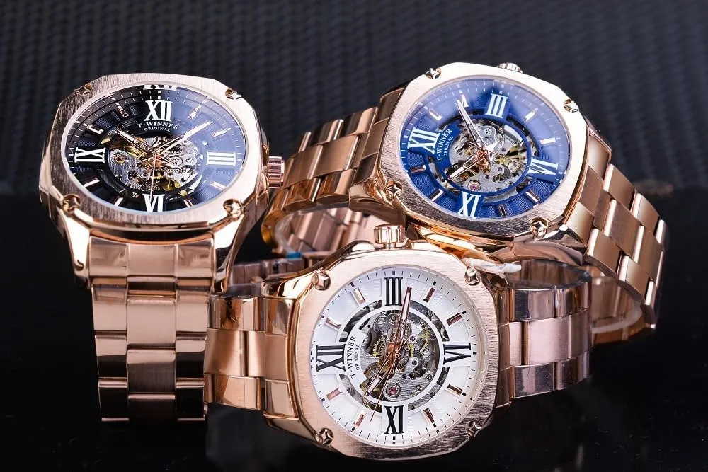 strictly gannet pervasive quiet Hollow Dial Stainless Steel Strap Men Business Watch Clock Rose Gold Automatic Mechanical Wristwatch Square Royal Roman 