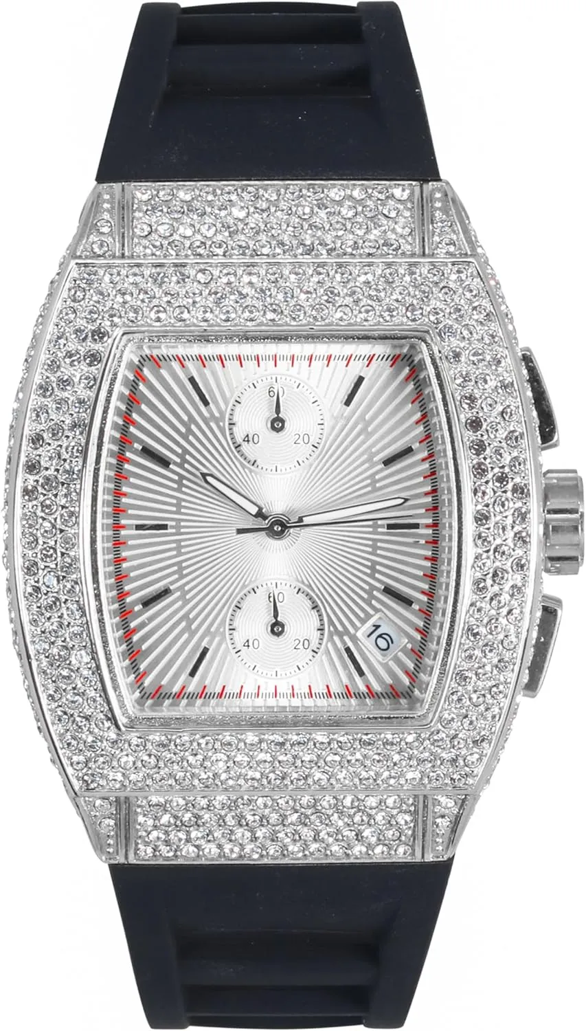 Style, Quartz Movement, Silicone Band Techno Pave Men's 39mm Iced knuckle obedient Out Tonneau Watch - Luxury Hip-Hop 