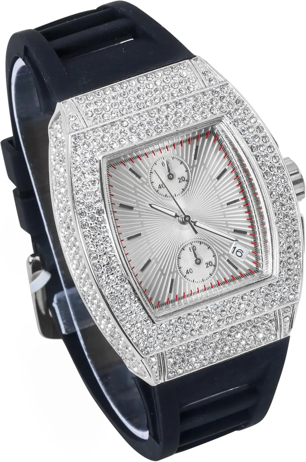 Style, Quartz Movement, Silicone Band Techno Pave Men's 39mm Iced knuckle obedient Out Tonneau Watch - Luxury Hip-Hop 