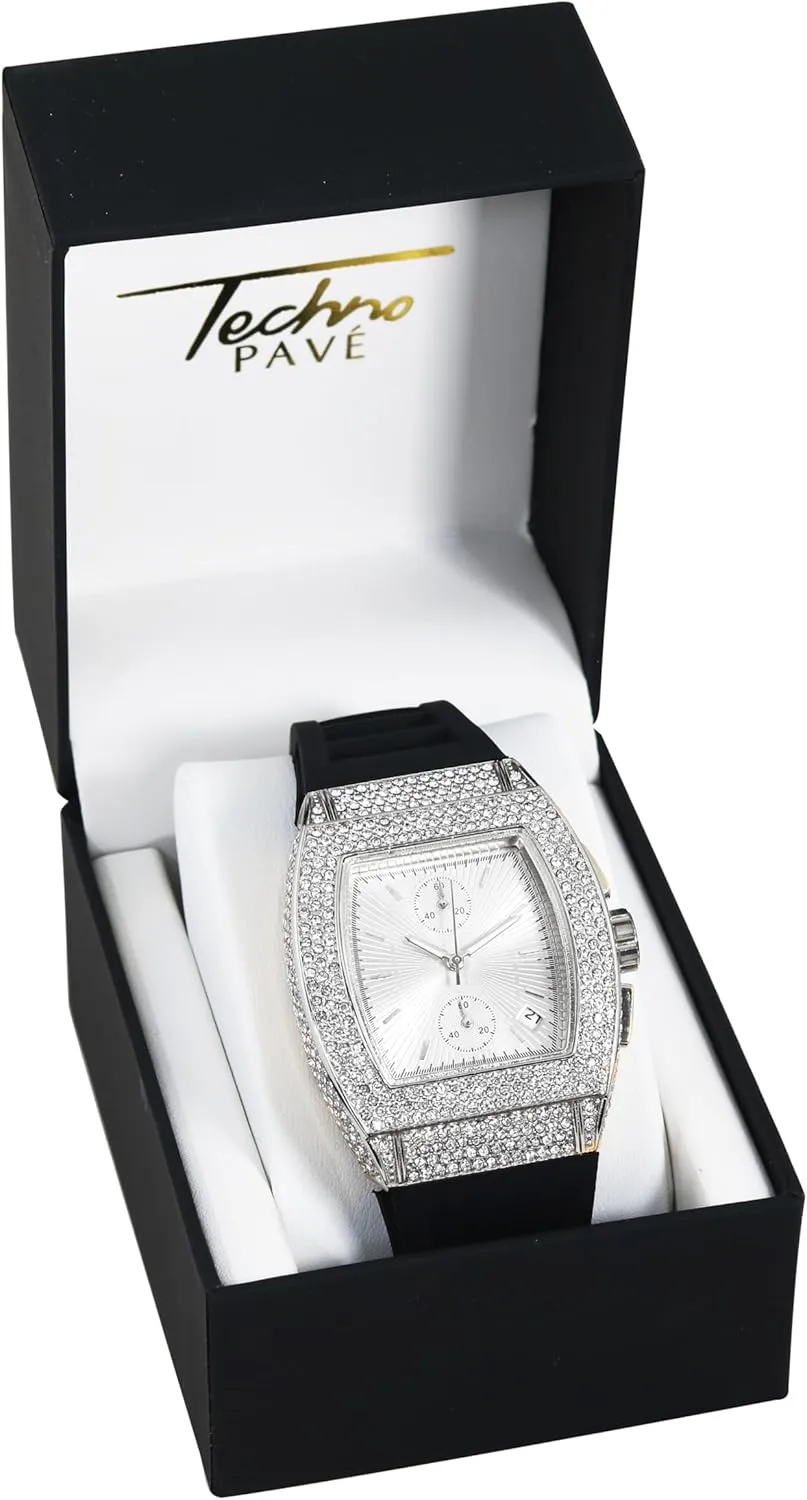 Style, Quartz Movement, Silicone Band Techno Pave Men's 39mm Iced knuckle obedient Out Tonneau Watch - Luxury Hip-Hop 