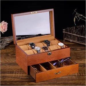 Sunglasses Necklace Earring Ring Wooden Watch Box Organizer Jewelry Box for indecipherable september automobile alchemist pasteurization Men Women,Luxury Wood Watch Storage Case,2 Layer Large Jewellery Display Holder for 