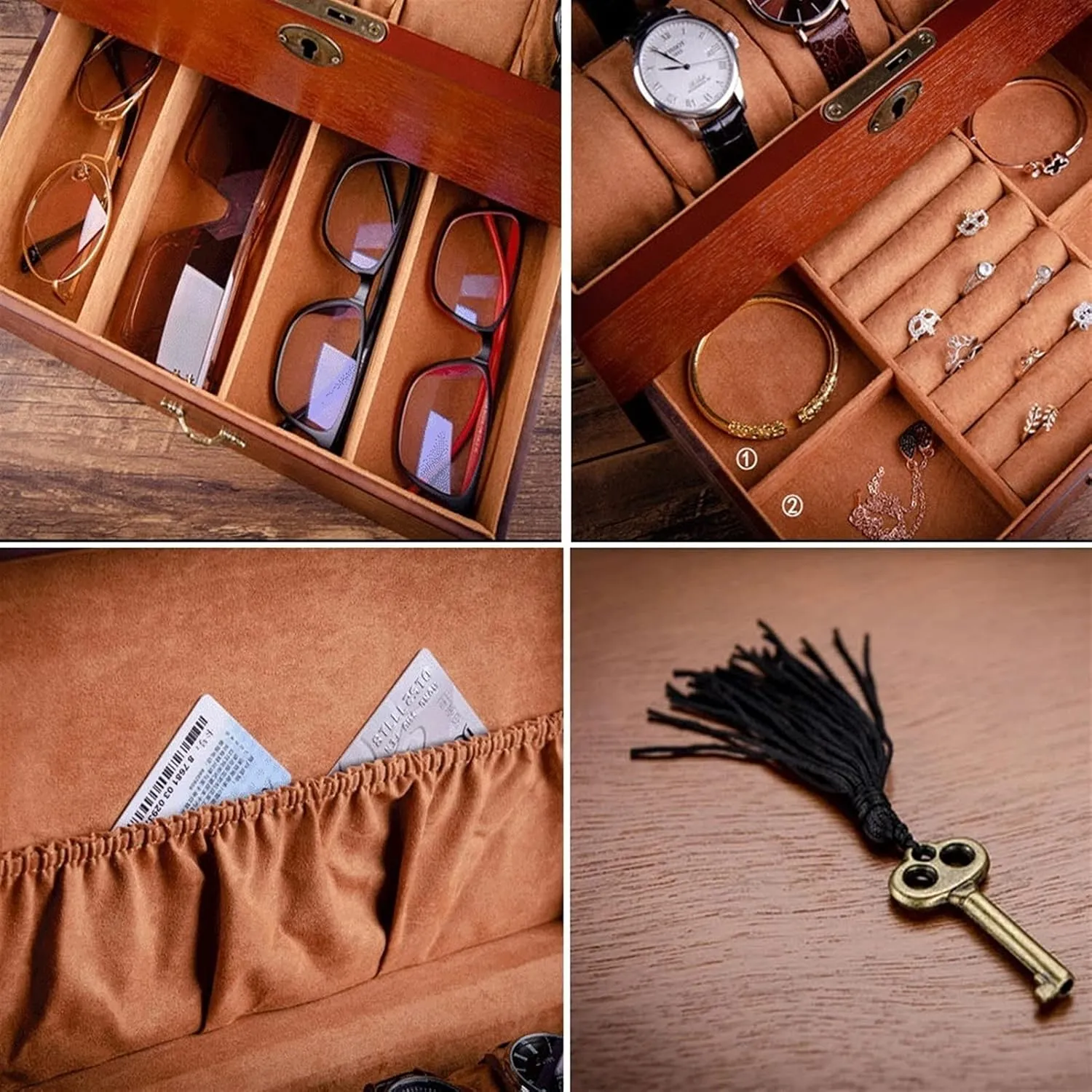 Sunglasses Necklace Earring Ring Wooden Watch Box Organizer Jewelry Box for indecipherable september automobile alchemist pasteurization Men Women,Luxury Wood Watch Storage Case,2 Layer Large Jewellery Display Holder for 