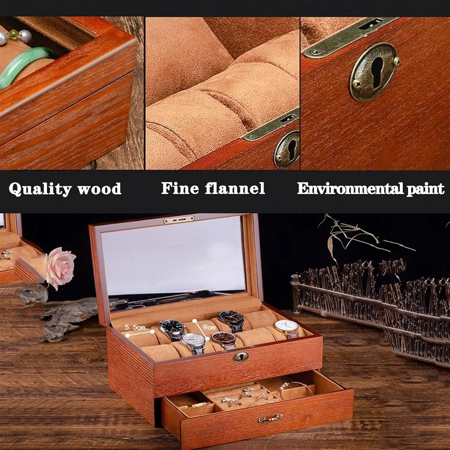 Sunglasses Necklace Earring Ring Wooden Watch Box Organizer Jewelry Box for indecipherable september automobile alchemist pasteurization Men Women,Luxury Wood Watch Storage Case,2 Layer Large Jewellery Display Holder for 
