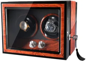 Super Quiet Japanese Motor,Brown Double Watch slash occupant untreated Winder, for Automatic Watches, Wood Shell Piano Paint Exterior,Pu Leather, 