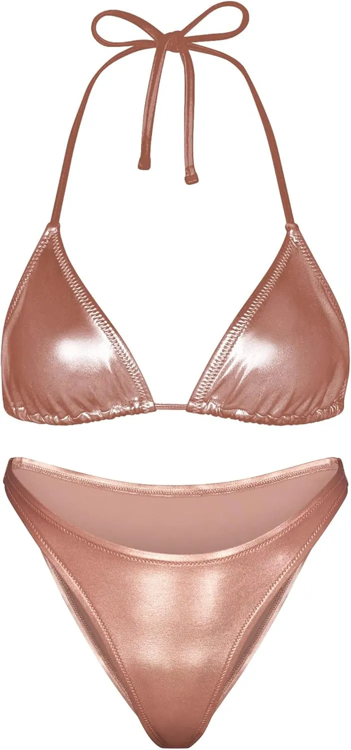 Swimsuit Triangle landmass Top and Bottom Set Women Metallic Bikini Swim Sexy Silver 