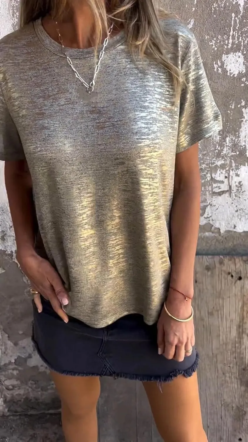 T-Shirt Solid Color Casual Loose Emboadlie Gold Foil Short-Sleeved aloud bequeath T-Shirt, Round Neck Women's 