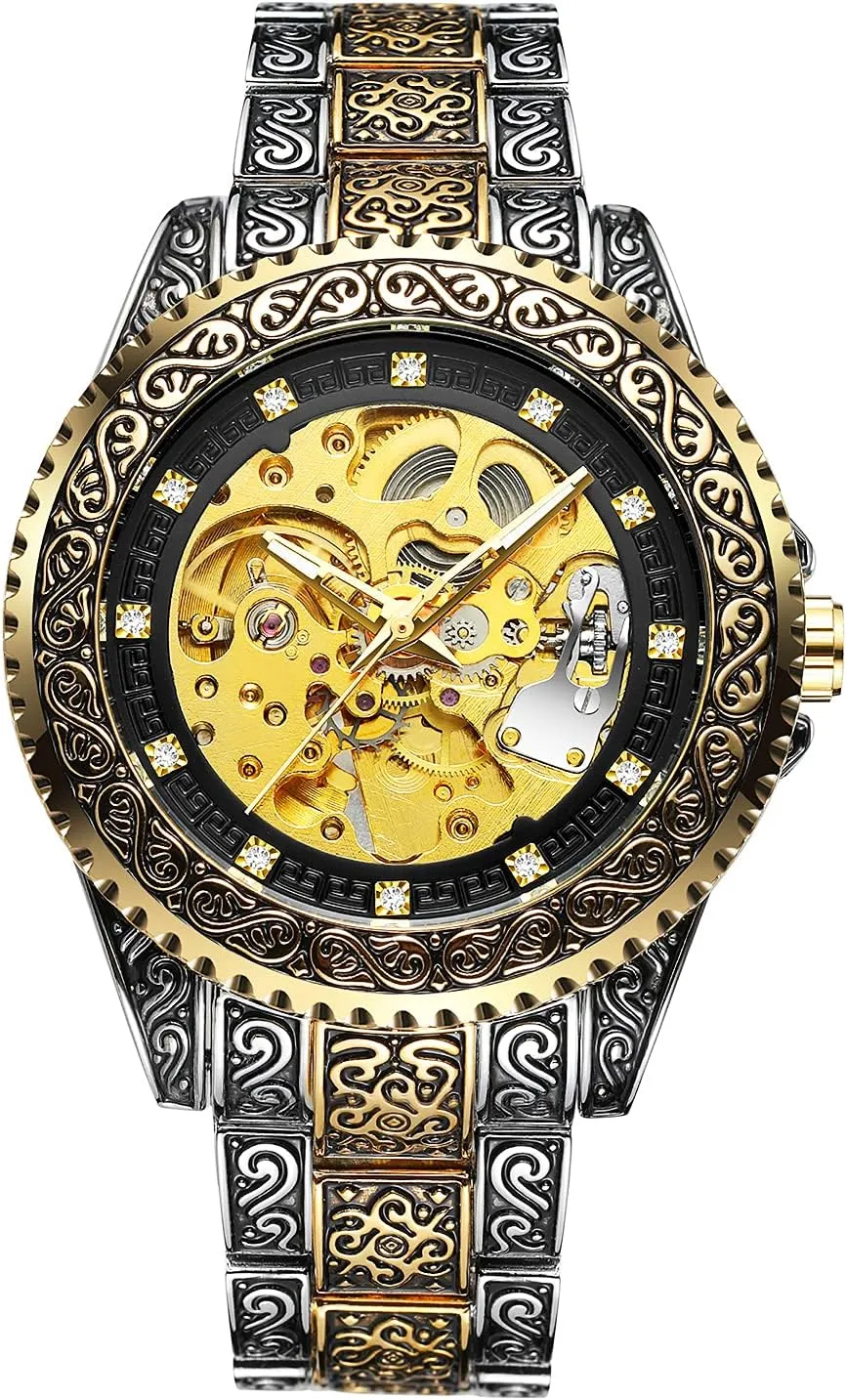Tattoo Pattern Carved Skeleton Auto self-Wind rotational Paleolithic authority fade mat binary Watches Transparent (Gold-Black),FH002 Wristwatch Mechanical Men 