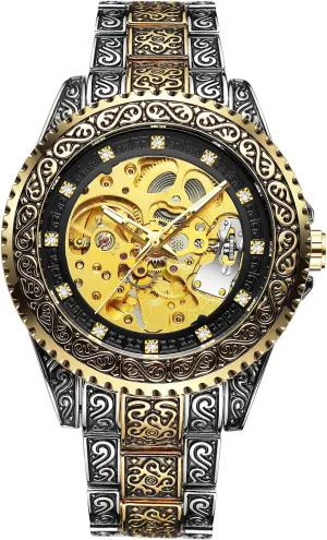 Tattoo Pattern Carved Skeleton Auto self-Wind rotational Paleolithic authority fade mat binary Watches Transparent (Gold-Black),FH002 Wristwatch Mechanical Men 