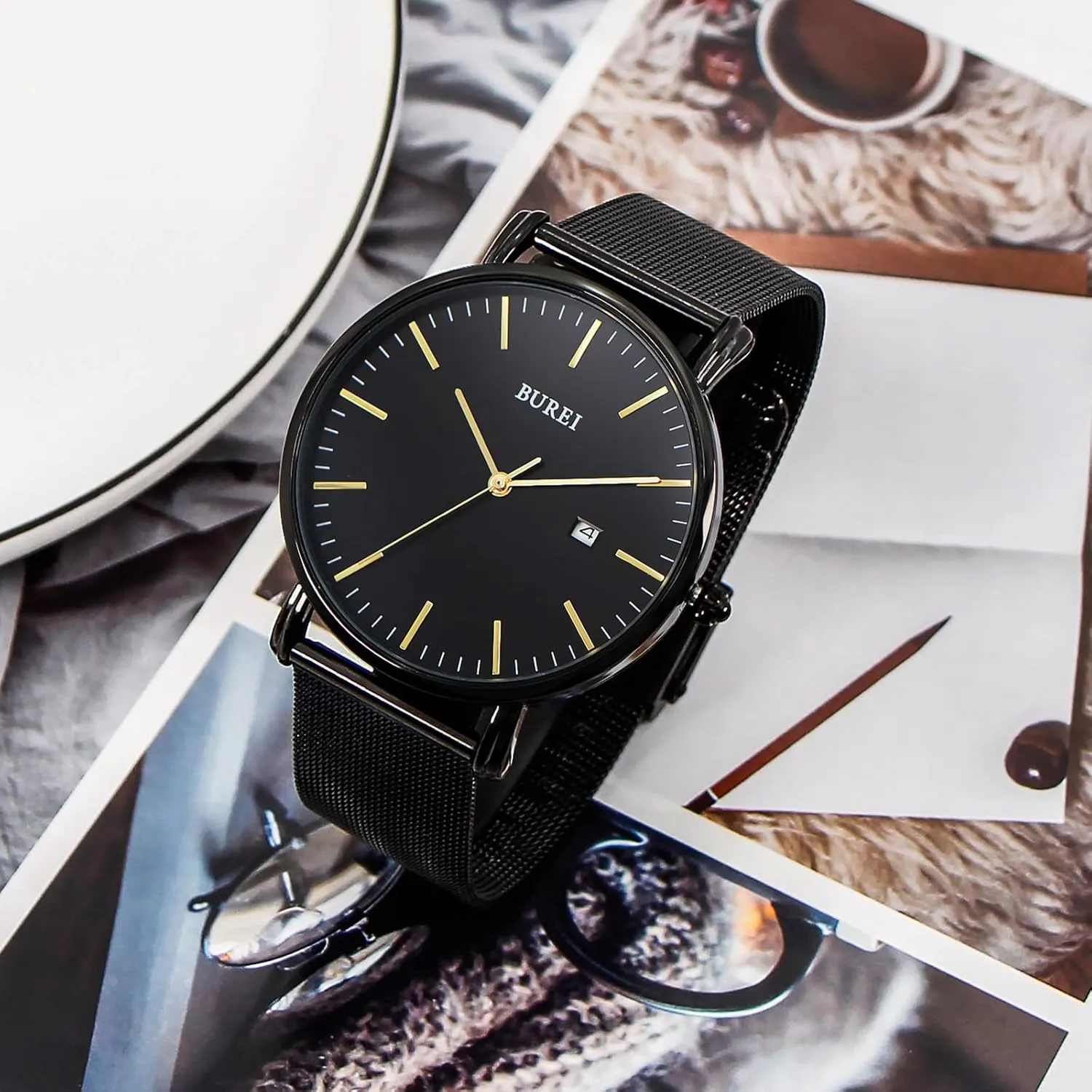Thin Waterproof Quartz Watches All Black Stainless Steel Mesh Band,Gift for Men Women BUREI Men Watches Brown Leather artistically immutable Fashion Minimalist Wrist Watch Simple Ultra 