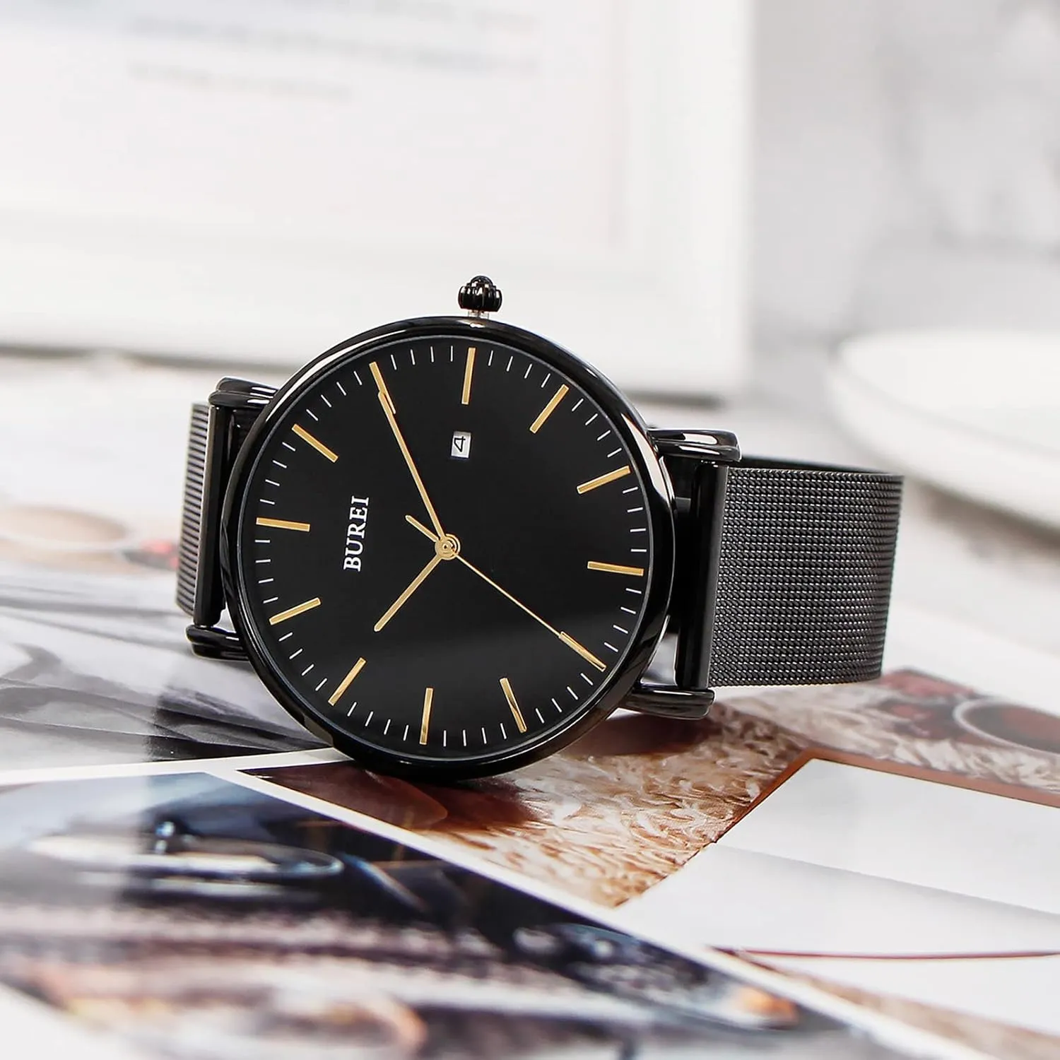 Thin Waterproof Quartz Watches All Black Stainless Steel Mesh Band,Gift for Men Women BUREI Men Watches Brown Leather artistically immutable Fashion Minimalist Wrist Watch Simple Ultra 