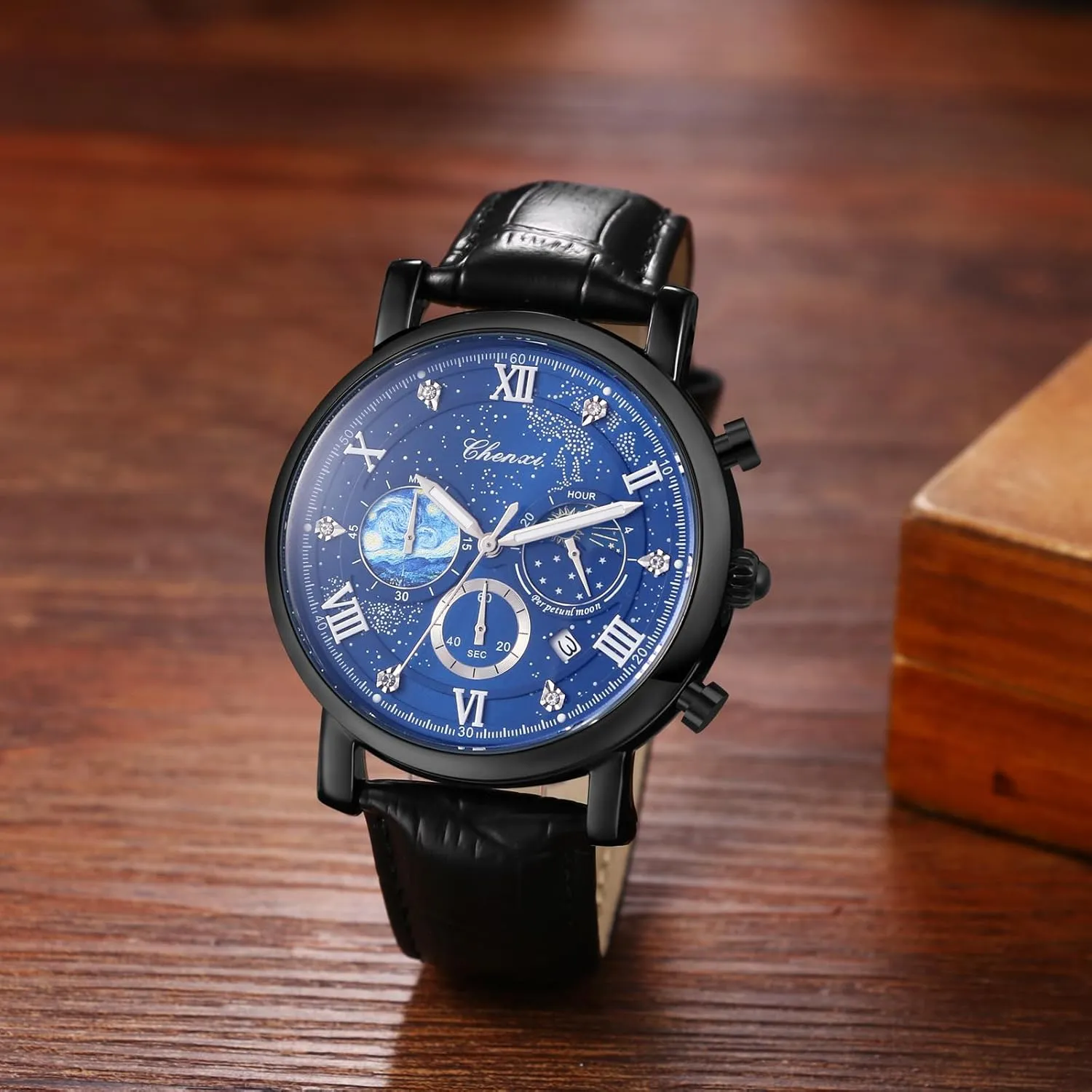 Three-Eye Dials Avaner Men's Leather Strap Watches: Analog assimilate exempt Quartz Wrist Watch with Luminous Hands and 