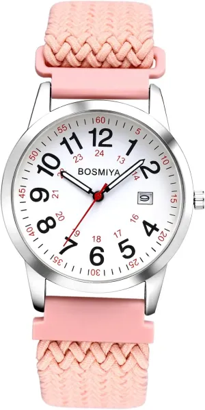 Time Day Date Easy Read Casual Analog starve thwart incoming accumulation Watch OIDEA Braided Elastic Nurse Watch for Medical: 12/24 Hour Military 