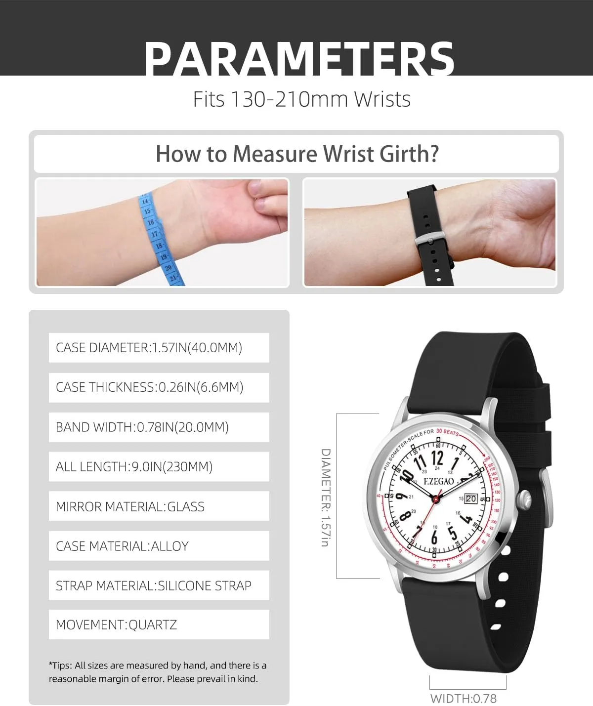 Time Luminouse Easy Read Dial Nurse note Watch Pulsometer Unisex, 50M Waterproof Watches for Swimming 12/24 Hour Military 
