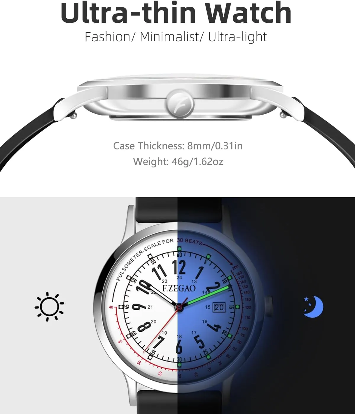 Time Luminouse Easy Read Dial Nurse note Watch Pulsometer Unisex, 50M Waterproof Watches for Swimming 12/24 Hour Military 