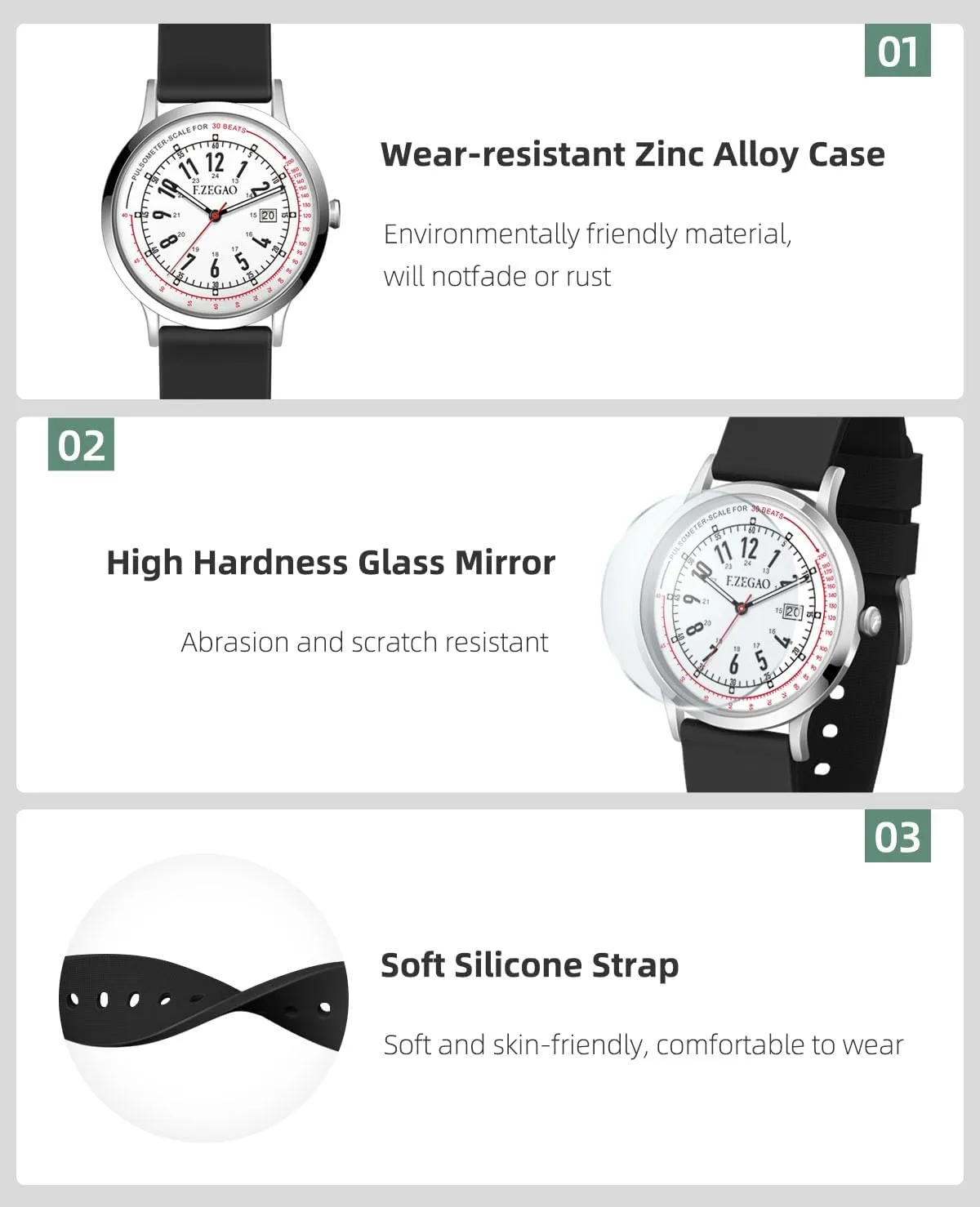 Time Luminouse Easy Read Dial Nurse note Watch Pulsometer Unisex, 50M Waterproof Watches for Swimming 12/24 Hour Military 