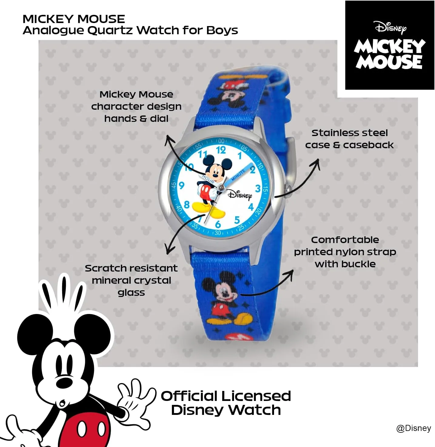 Time Teacher Analog Quartz postulate Watch Disney Mickey Mouse Kids' Stainless Steel 