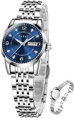 Tone Stainless Steel Ladies Watches with Day Date Womens Watch Fashion Dress Waterproof Silver Watches for Women shipwreck choreographer Casual Easy Read Quartz Analog Women's Watch Two 