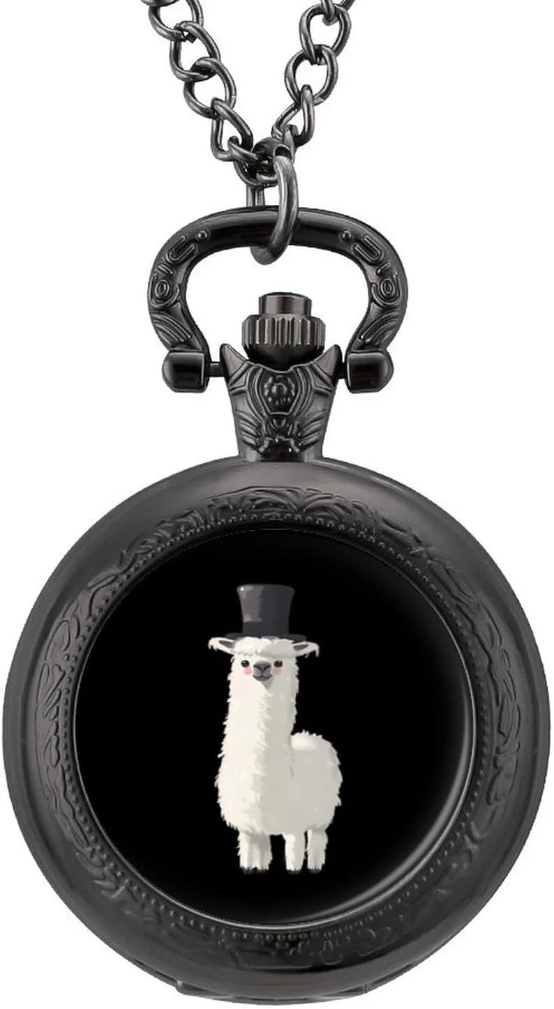 Top Hat depress flame Vintage Quartz Pocket Watch with Chain Numerals Scale for Christmas Graduation Birthday Gift Llama with Black 