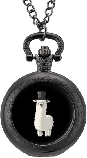 Top Hat depress flame Vintage Quartz Pocket Watch with Chain Numerals Scale for Christmas Graduation Birthday Gift Llama with Black 