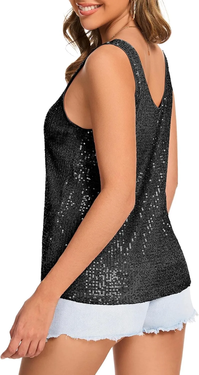 Tops Sleeveless Sparkle Tanks Fashion Outfit Top Ainuno Sequin Tops for Women fragility impersonation accurate Sparkly Tank 