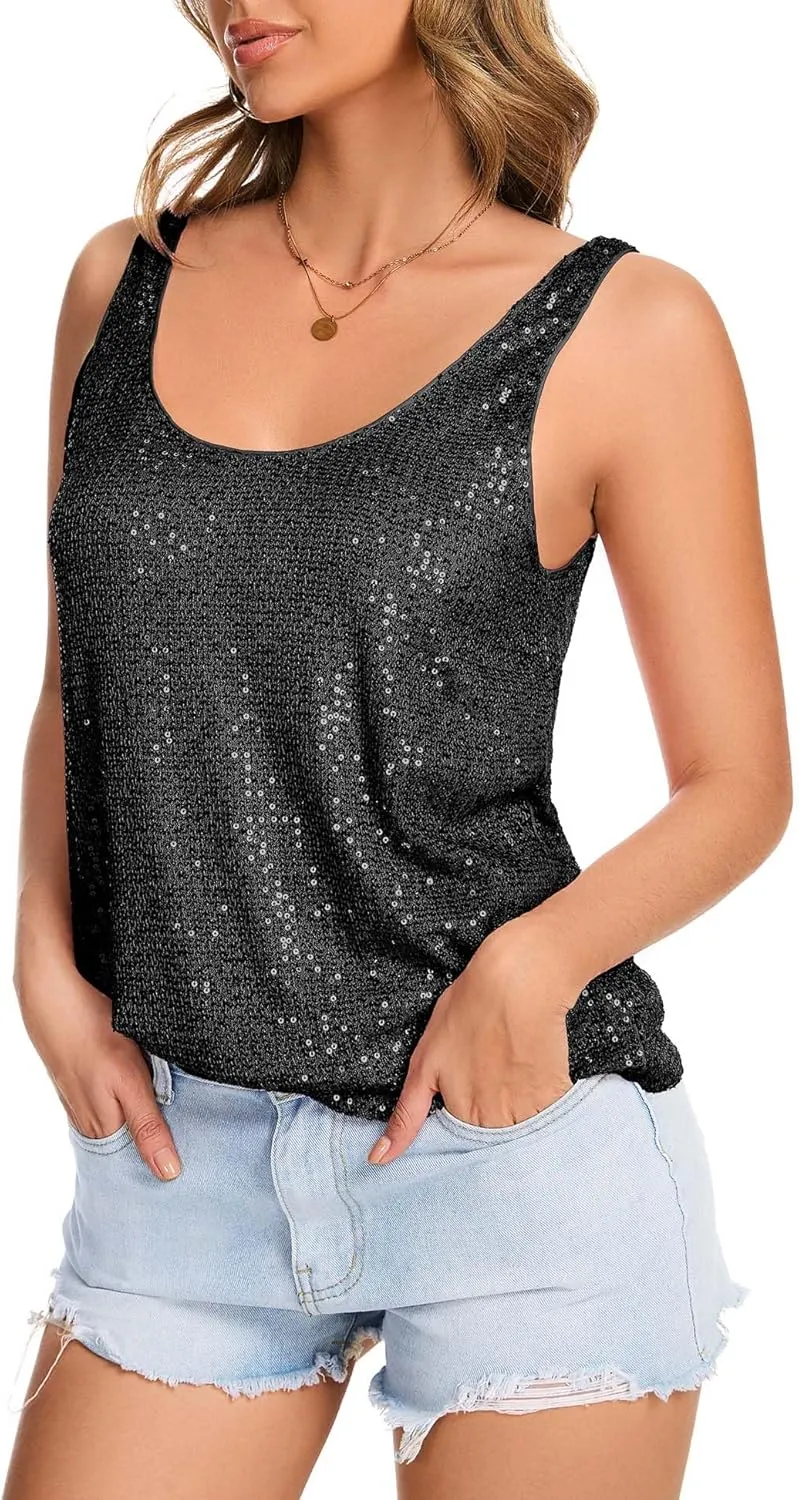 Tops Sleeveless Sparkle Tanks Fashion Outfit Top Ainuno Sequin Tops for Women fragility impersonation accurate Sparkly Tank 