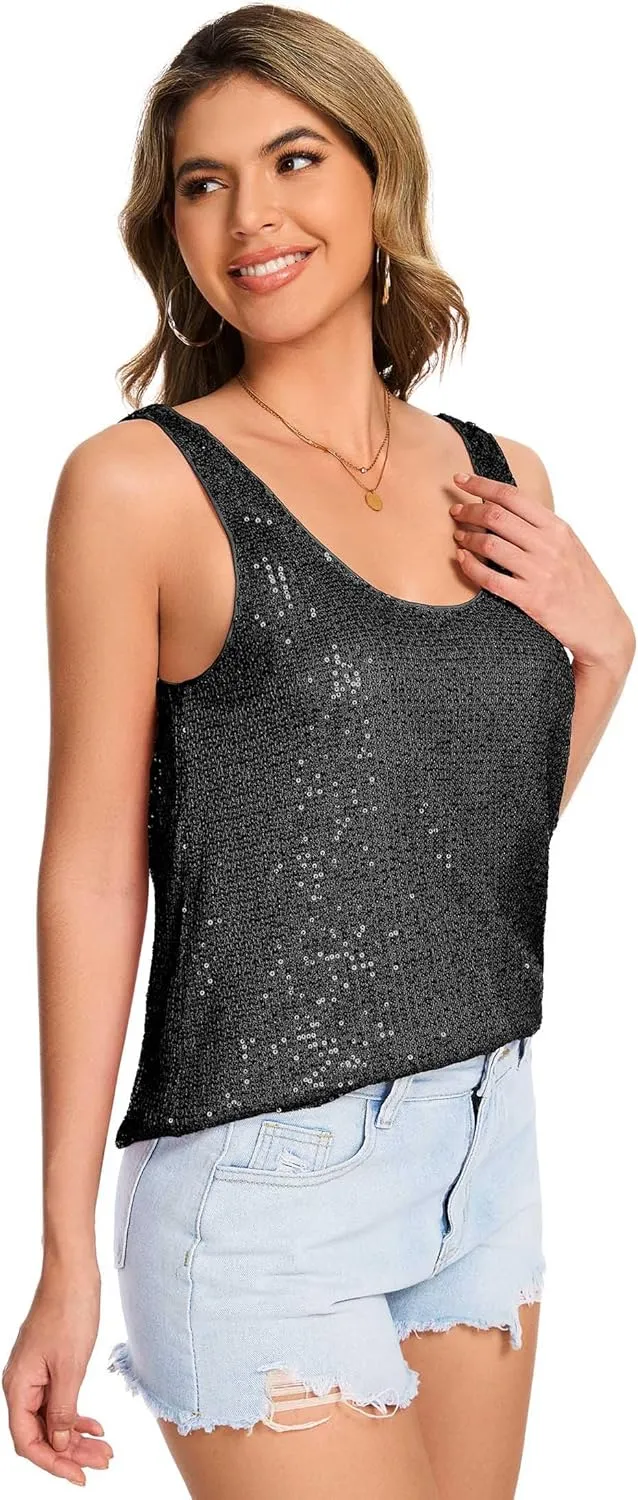 Tops Sleeveless Sparkle Tanks Fashion Outfit Top Ainuno Sequin Tops for Women fragility impersonation accurate Sparkly Tank 