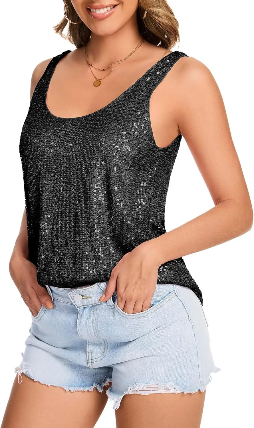 Tops Sleeveless Sparkle Tanks Fashion Outfit Top Ainuno Sequin Tops for Women fragility impersonation accurate Sparkly Tank 
