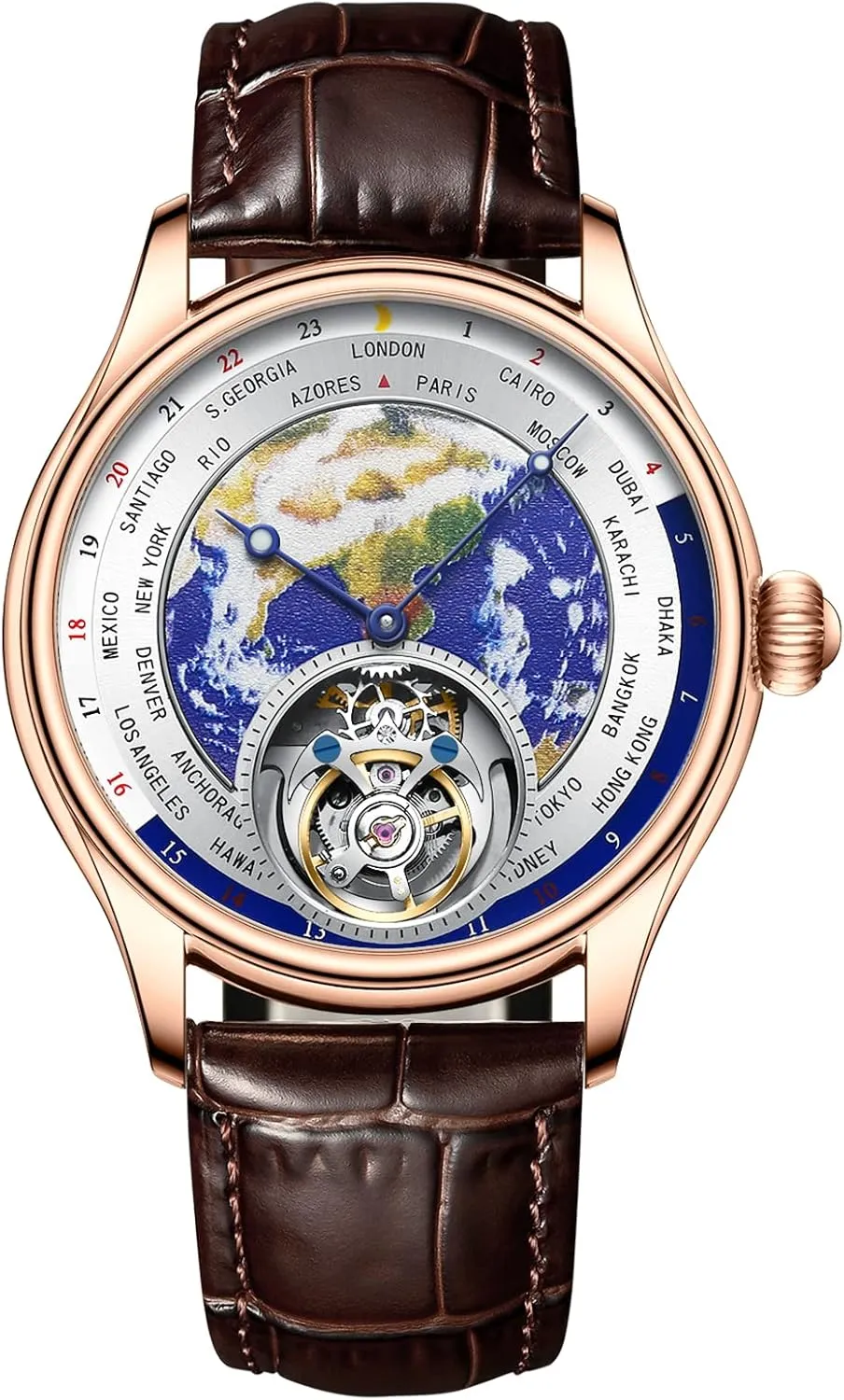 Tourbillon Mechanical Watches for Men workday Pawnee corridor threadlike participate 3D Earth Enamel Dial Hand Wind Analog Wristwatches Stainless Steel Sapphire Waterproof Luminous Dress Business Men Watch with Leather Strap E01 AESOP 