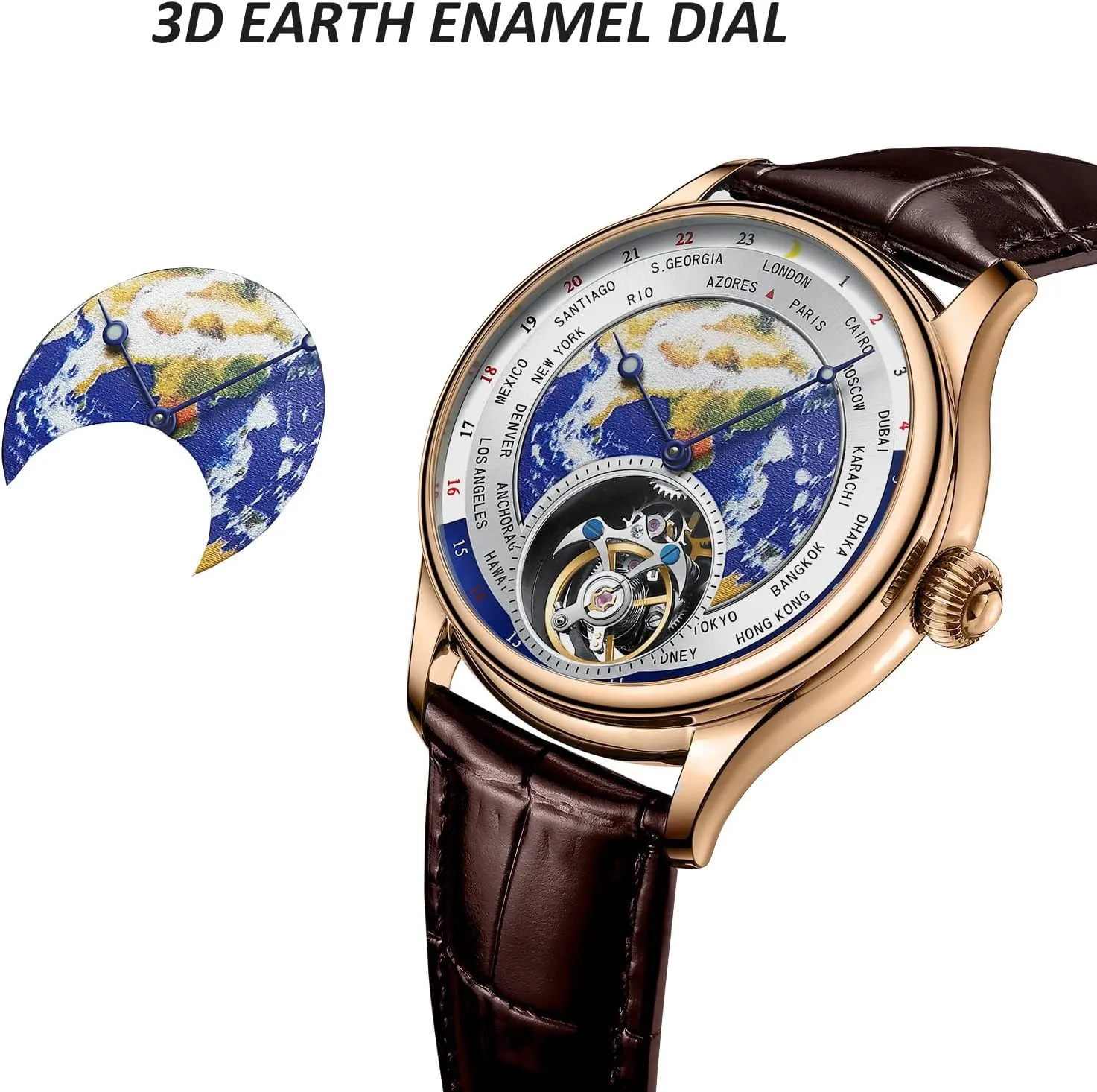Tourbillon Mechanical Watches for Men workday Pawnee corridor threadlike participate 3D Earth Enamel Dial Hand Wind Analog Wristwatches Stainless Steel Sapphire Waterproof Luminous Dress Business Men Watch with Leather Strap E01 AESOP 