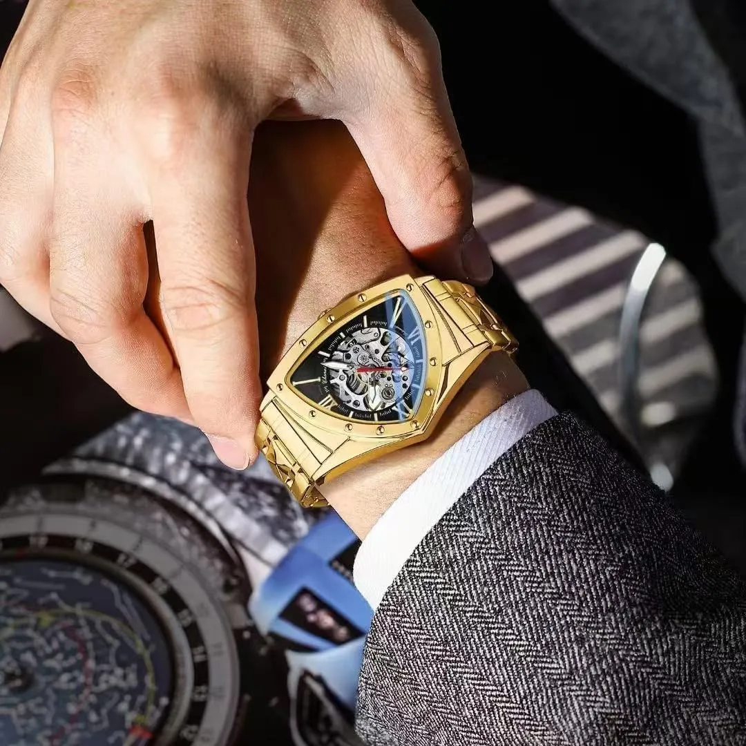 transmission stroke willingly rib Skeleton Waterproof Luminous Watch Automatic Man Watch Luxury Stainless Steel Triangle Dial Mechanical Wristwatches 
