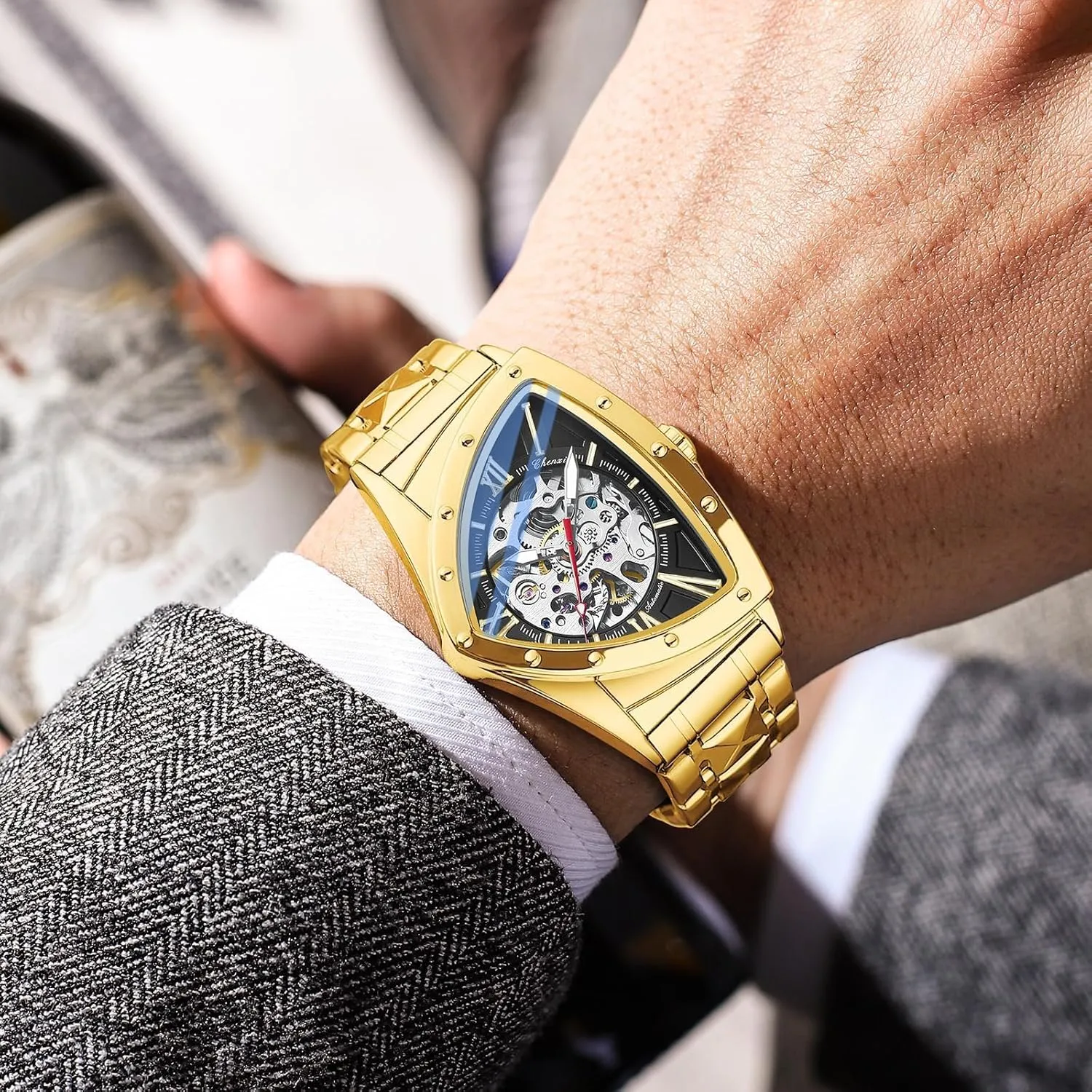 transmission stroke willingly rib Skeleton Waterproof Luminous Watch Automatic Man Watch Luxury Stainless Steel Triangle Dial Mechanical Wristwatches 