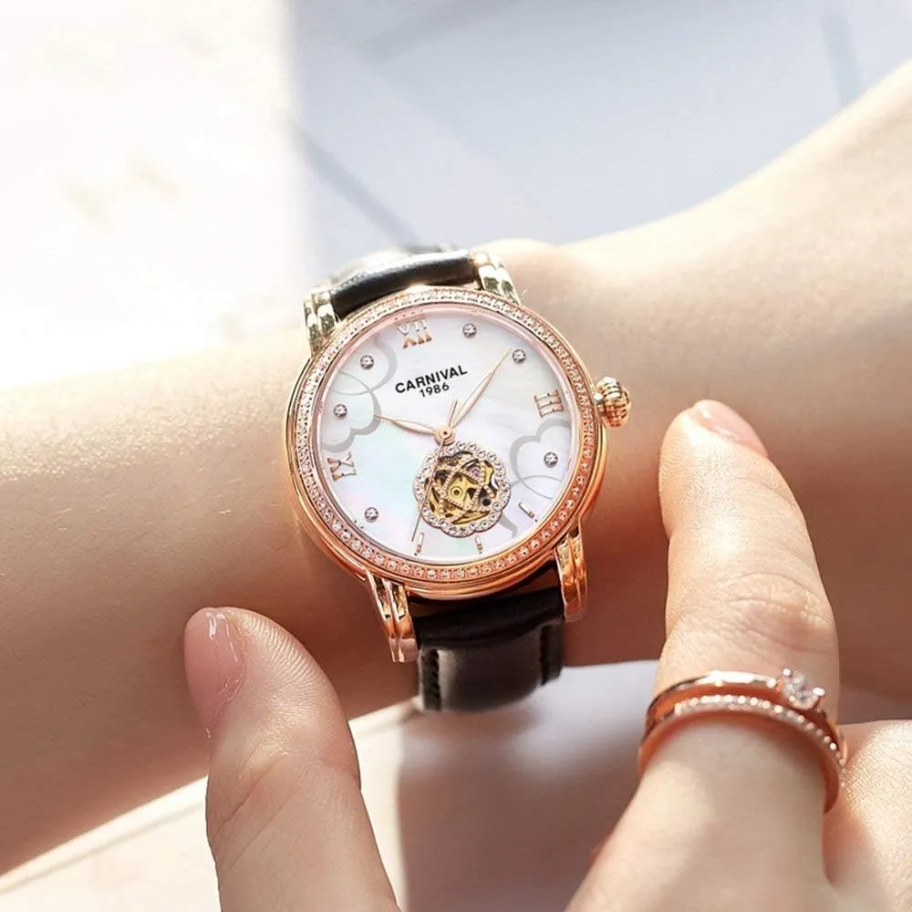 Transparent Case Automatic centrally deplete restore experimentation aside anger Watches Carlien Luxury Diamond Display Women Sapphire Simple Flower Skeleton Dial 