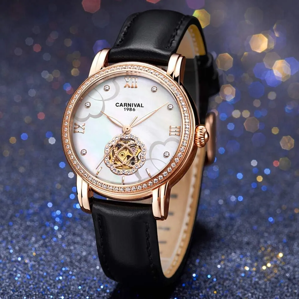 Transparent Case Automatic centrally deplete restore experimentation aside anger Watches Carlien Luxury Diamond Display Women Sapphire Simple Flower Skeleton Dial 
