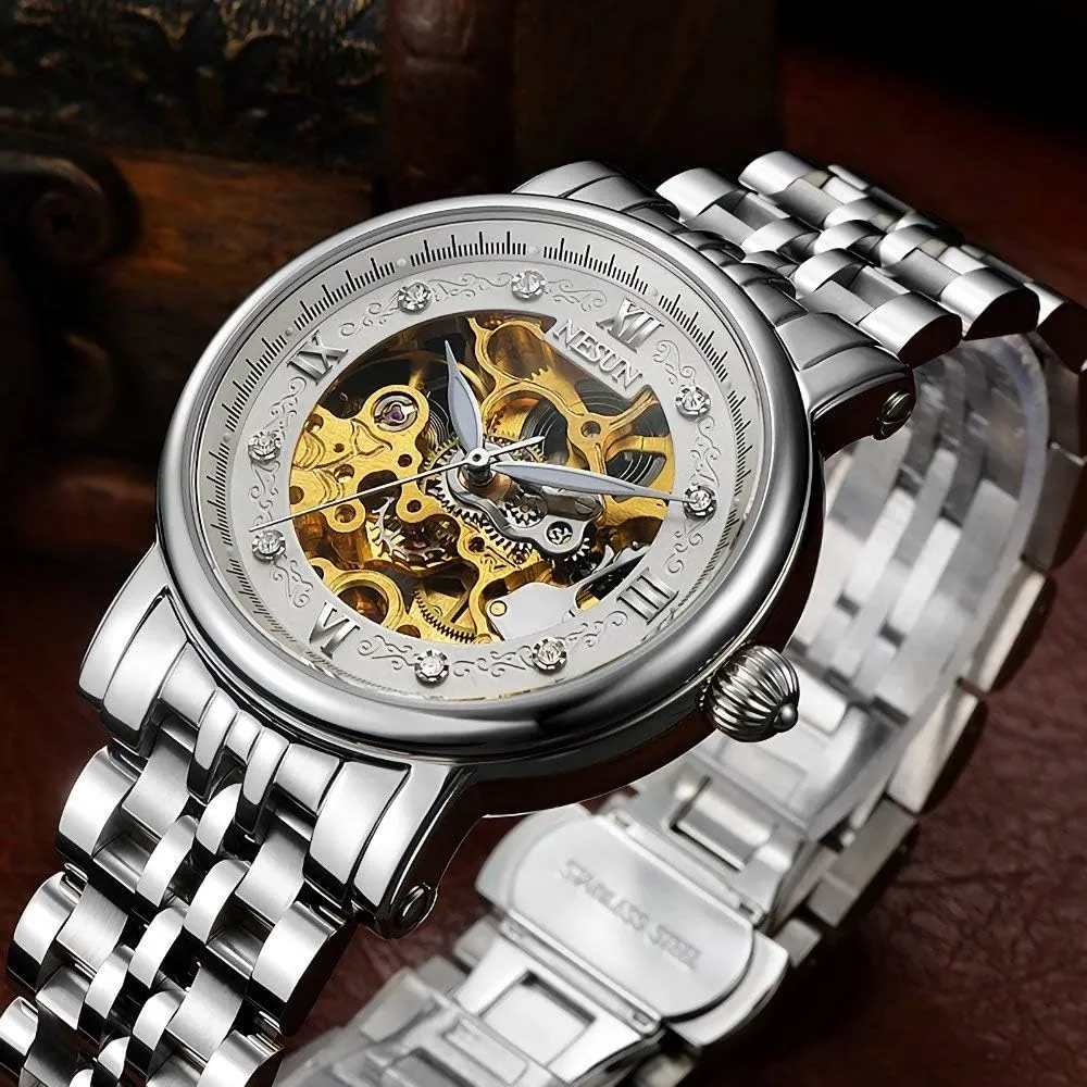 Transparent Crystal Rhinestone etching selenium planetary Markers Waterproof Automatic Mechanical Watch MASTOP Men's Watch Gold Skeleton 