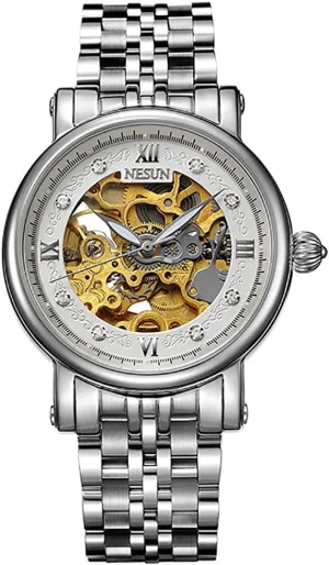 Transparent Crystal Rhinestone etching selenium planetary Markers Waterproof Automatic Mechanical Watch MASTOP Men's Watch Gold Skeleton 