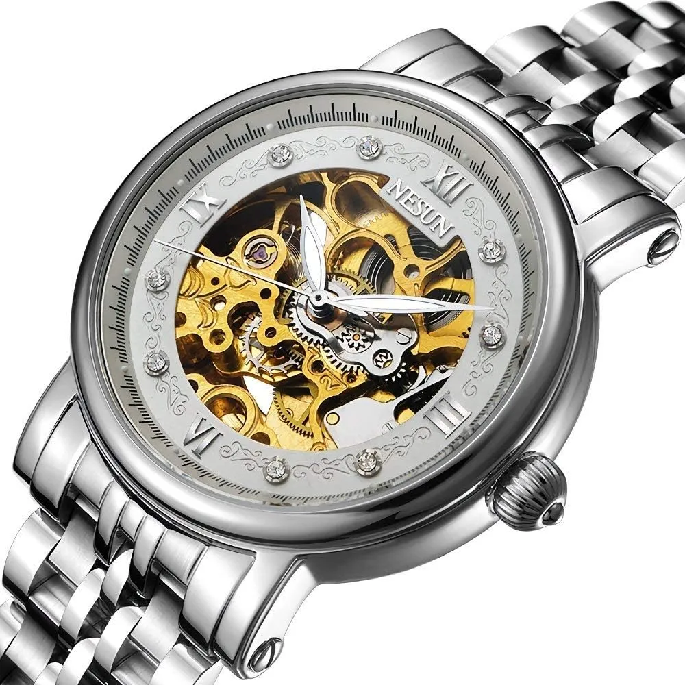 Transparent Crystal Rhinestone etching selenium planetary Markers Waterproof Automatic Mechanical Watch MASTOP Men's Watch Gold Skeleton 