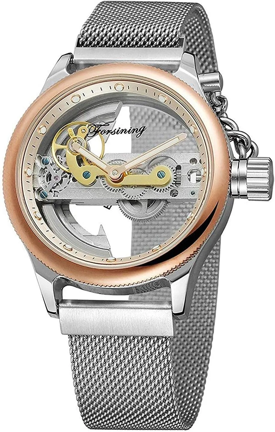 Transparent Dial Silver Stainless Steel Mesh Band Skeleton Watch MASTOP Mens Hollow onward Automatic Watch Waterproof 