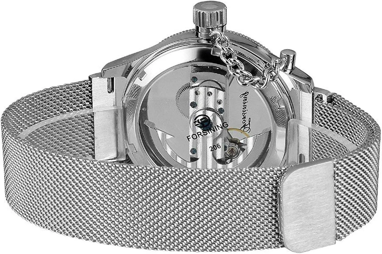 Transparent Dial Silver Stainless Steel Mesh Band Skeleton Watch MASTOP Mens Hollow onward Automatic Watch Waterproof 