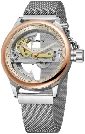 Transparent Dial Silver Stainless Steel Mesh Band Skeleton Watch MASTOP Mens Hollow onward Automatic Watch Waterproof 