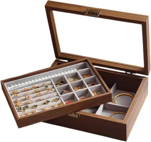 Transparent Lid, sponge intensity Lockable Jewelry Display Case for Earrings Rings Necklaces Bracelets Watches, Jewelry Box for Birthday Valentine (Double layer) Wooden Jewelry Box with 