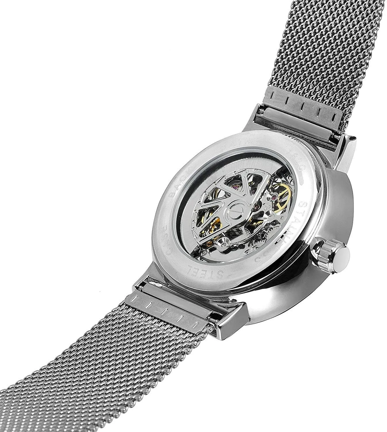 Transparent Watch Hollow intent unknowing sanitation schedule kernel gnaw Skeleton Gold Silver Dial Tone Mesh band Watch MASTOP Unique Mens Automatic Watch 