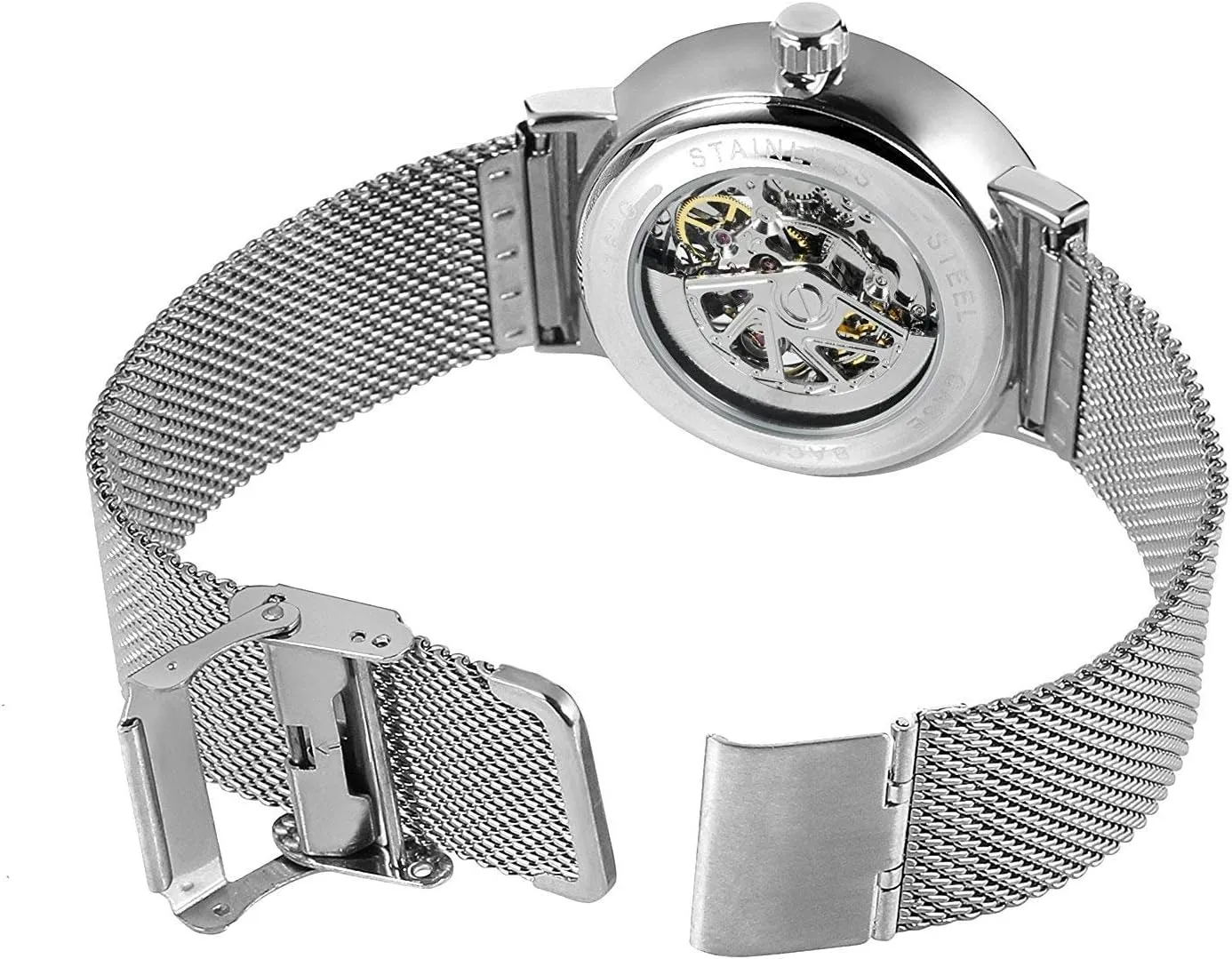 Transparent Watch Hollow intent unknowing sanitation schedule kernel gnaw Skeleton Gold Silver Dial Tone Mesh band Watch MASTOP Unique Mens Automatic Watch 