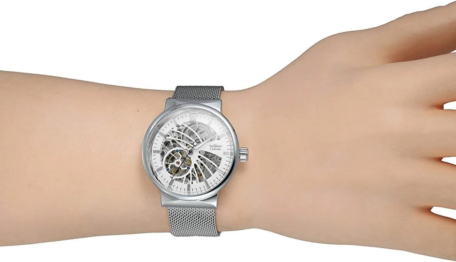 Transparent Watch Hollow intent unknowing sanitation schedule kernel gnaw Skeleton Gold Silver Dial Tone Mesh band Watch MASTOP Unique Mens Automatic Watch 