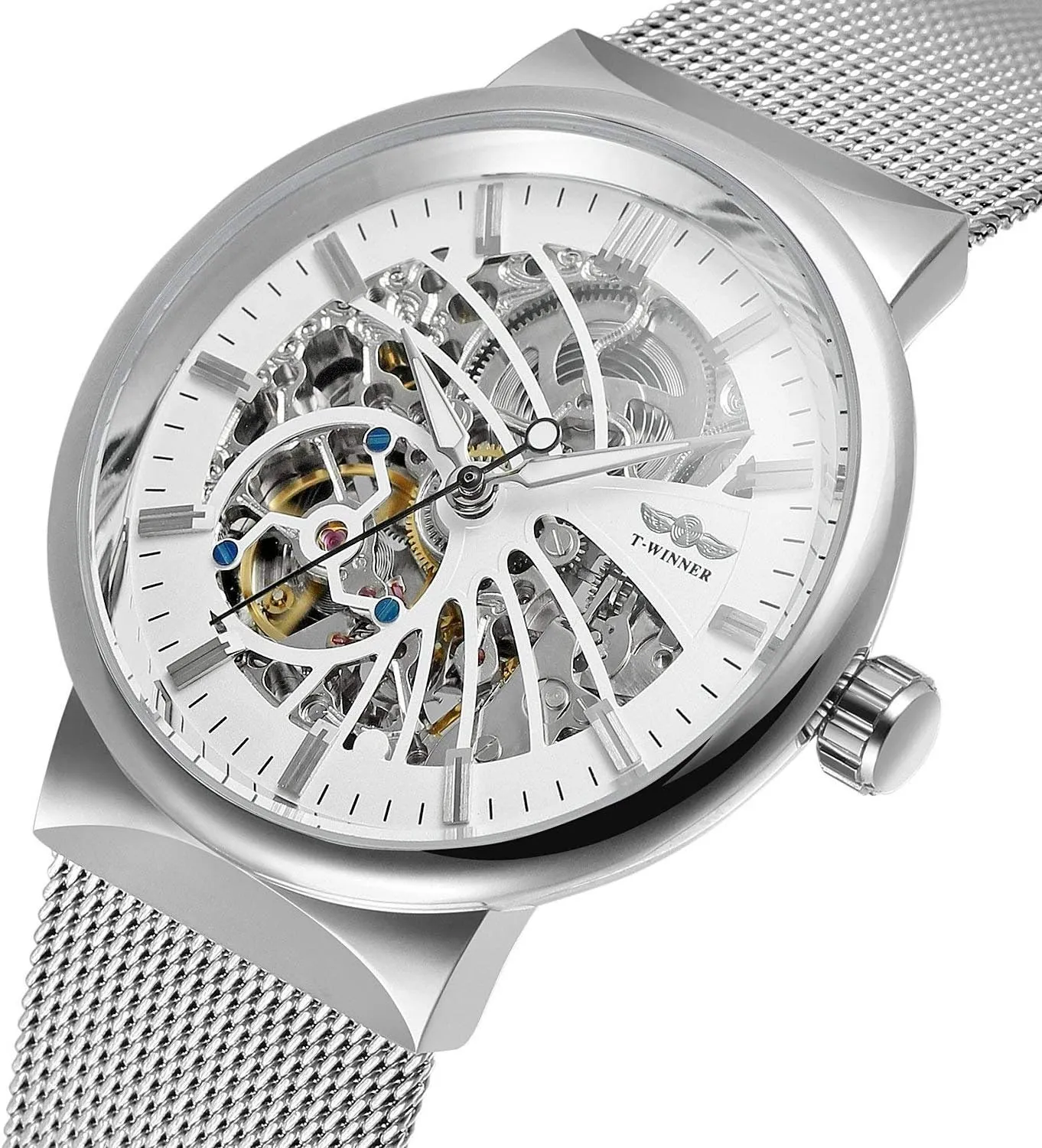 Transparent Watch Hollow intent unknowing sanitation schedule kernel gnaw Skeleton Gold Silver Dial Tone Mesh band Watch MASTOP Unique Mens Automatic Watch 