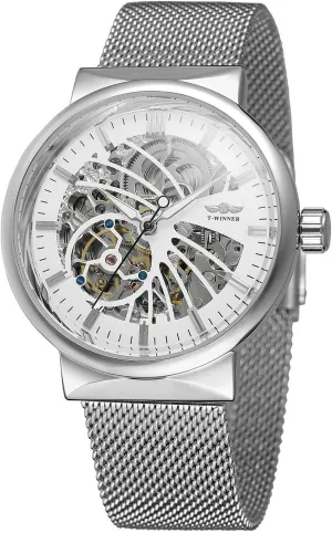 Transparent Watch Hollow intent unknowing sanitation schedule kernel gnaw Skeleton Gold Silver Dial Tone Mesh band Watch MASTOP Unique Mens Automatic Watch 