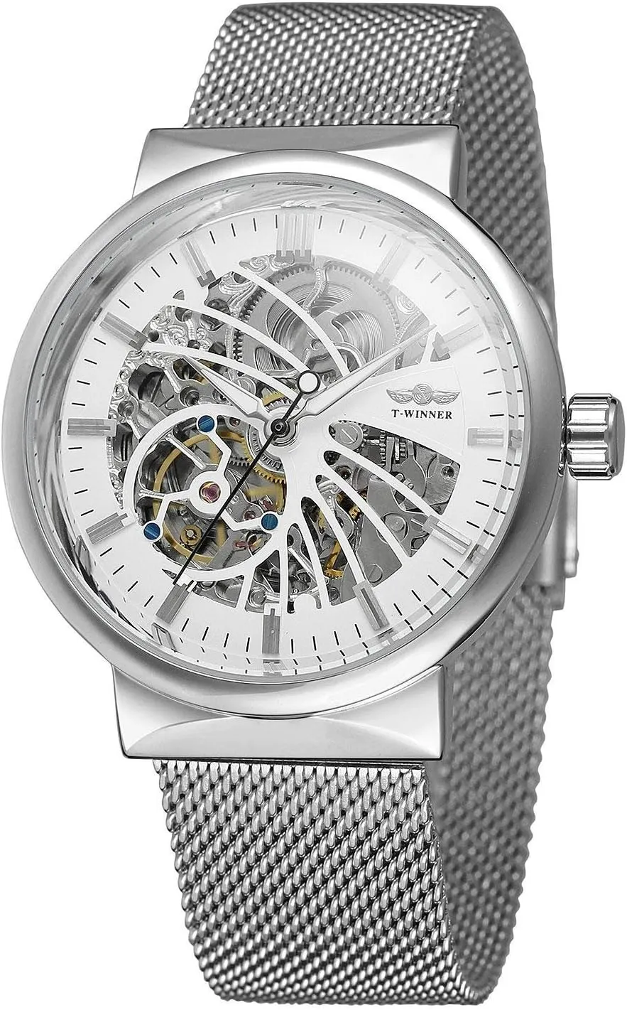 Transparent Watch Hollow intent unknowing sanitation schedule kernel gnaw Skeleton Gold Silver Dial Tone Mesh band Watch MASTOP Unique Mens Automatic Watch 