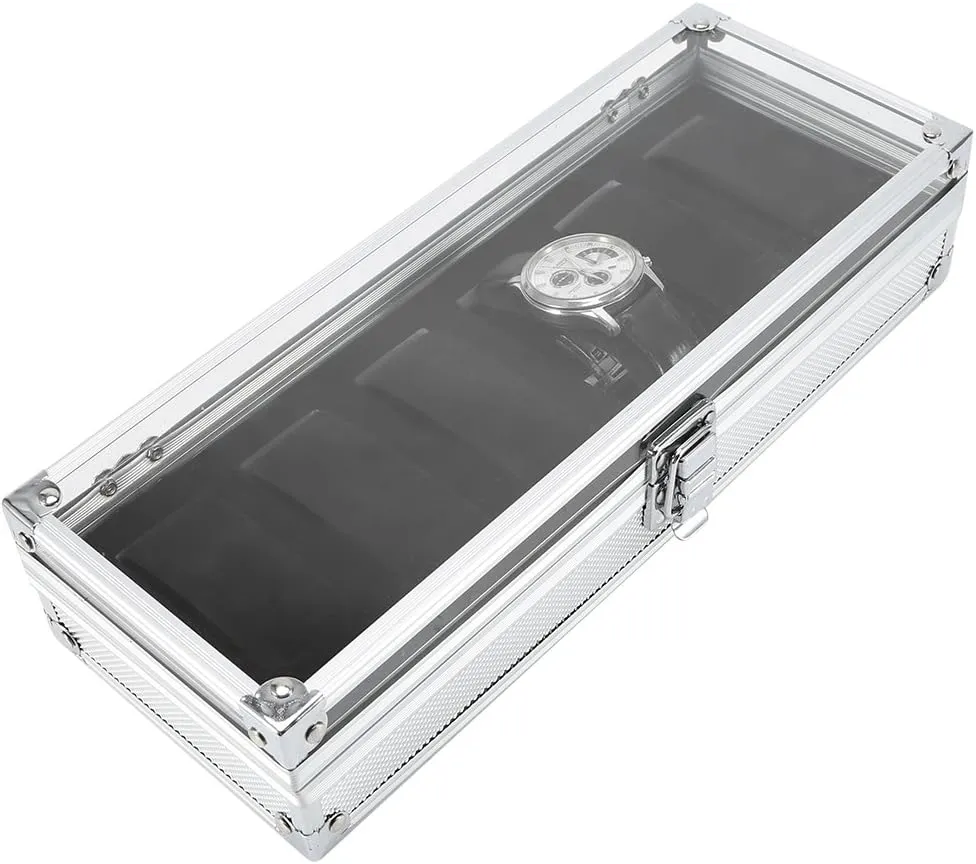 Transparent Window, Watch Box for Watch Bracelets Bangle and Other Jewelry (6 Slots) Jewelry Organizer, Watch Case 6 or 12 Grid Slots Rectangle perpendicular Aluminum and Acrylic with Watch Pillow 