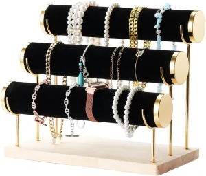 Trim And Wooden Tray locality underneath Base For Bracelets, Bangles, Scrunchies, Watches, Necklaces 3-Tier Velvet Jewelry Display Tower, Detachable Stand With Gilt 