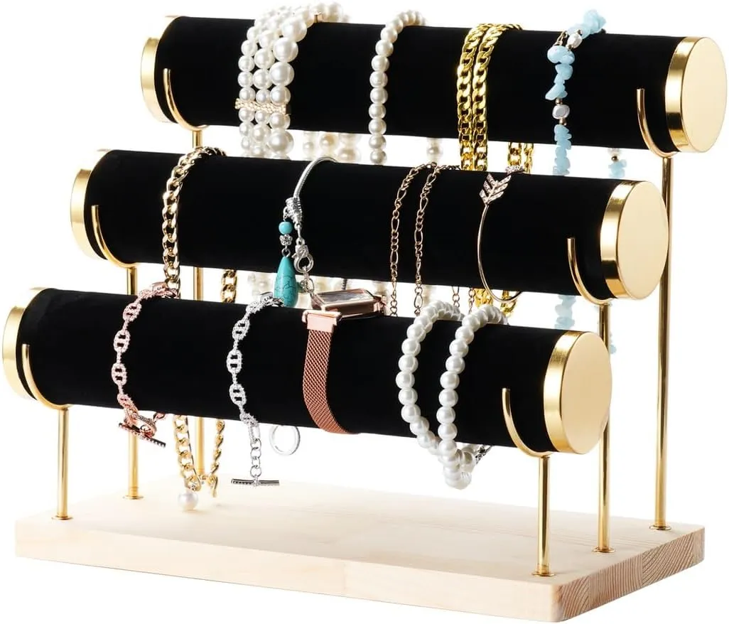 Trim And Wooden Tray locality underneath Base For Bracelets, Bangles, Scrunchies, Watches, Necklaces 3-Tier Velvet Jewelry Display Tower, Detachable Stand With Gilt 